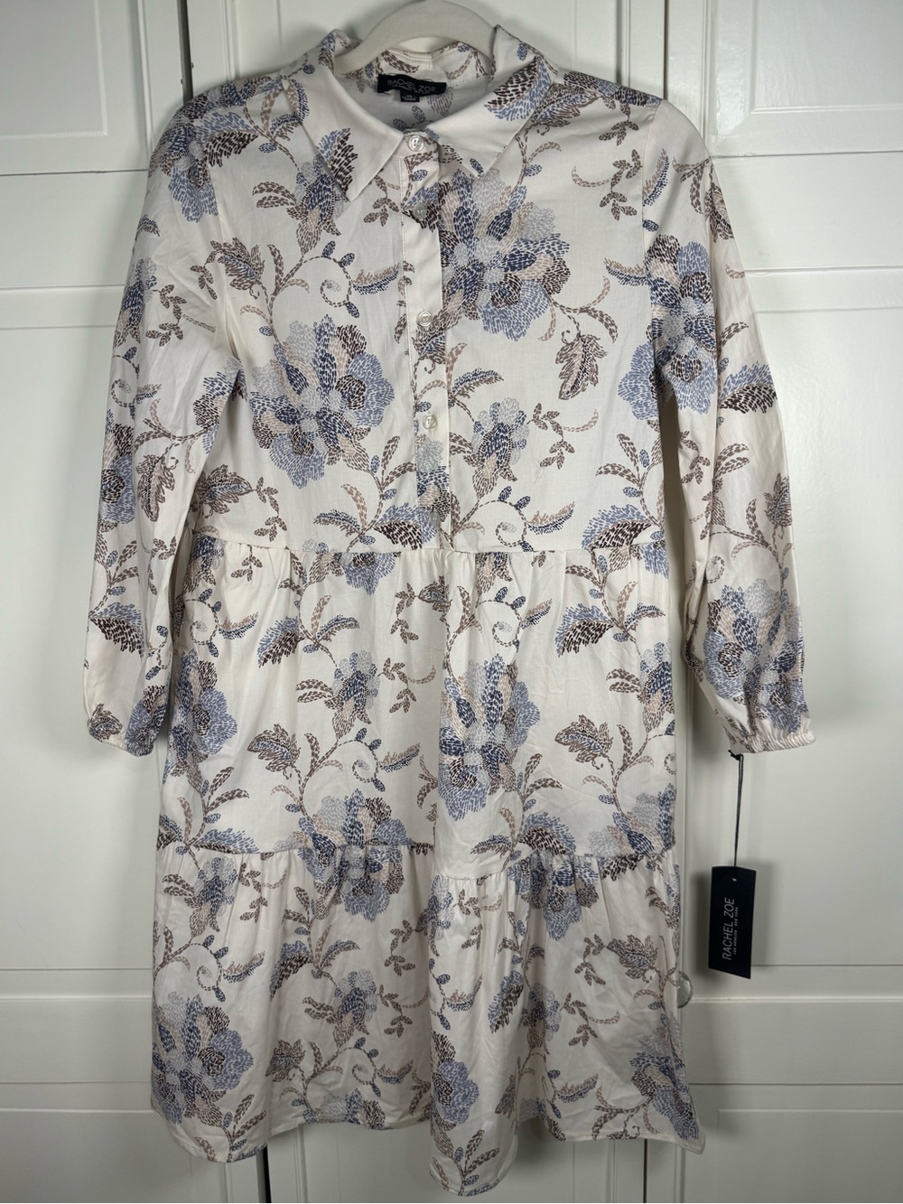 Rachel Zoe NWT Floral Tiered Shirt Dress XS Ivory Blue